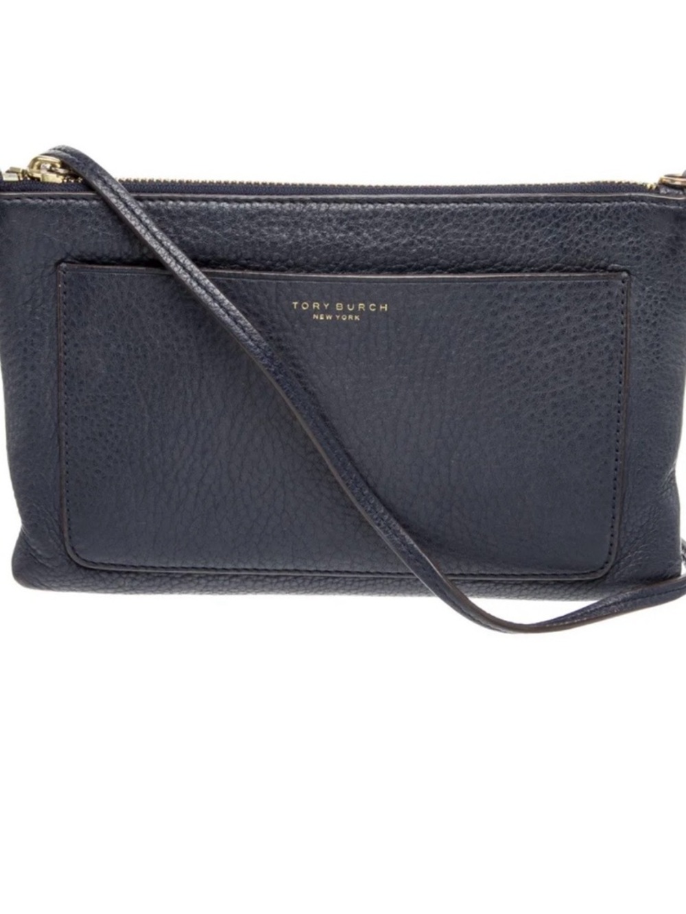 Tory Burch Pebbled Navy Leather Crossbody with Gold Logo EUC